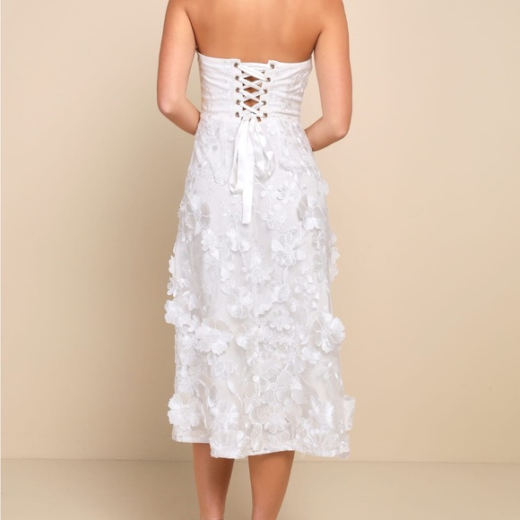 Lulus delightful romance white floral 3D strapless lace-up midi dress - Picture 2 of 4